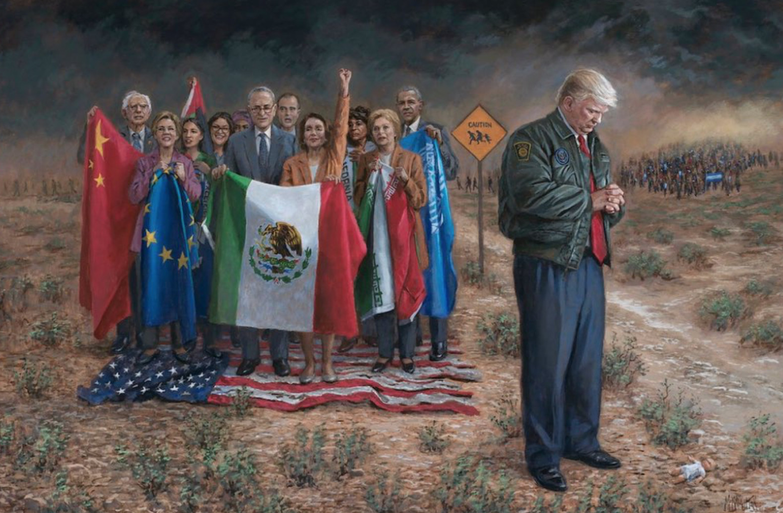 Jon McNaughton paints Trump threatened by a crowd of Democrats carrying Mexican, European, and Soviet flags, while they stand on the US flag. 